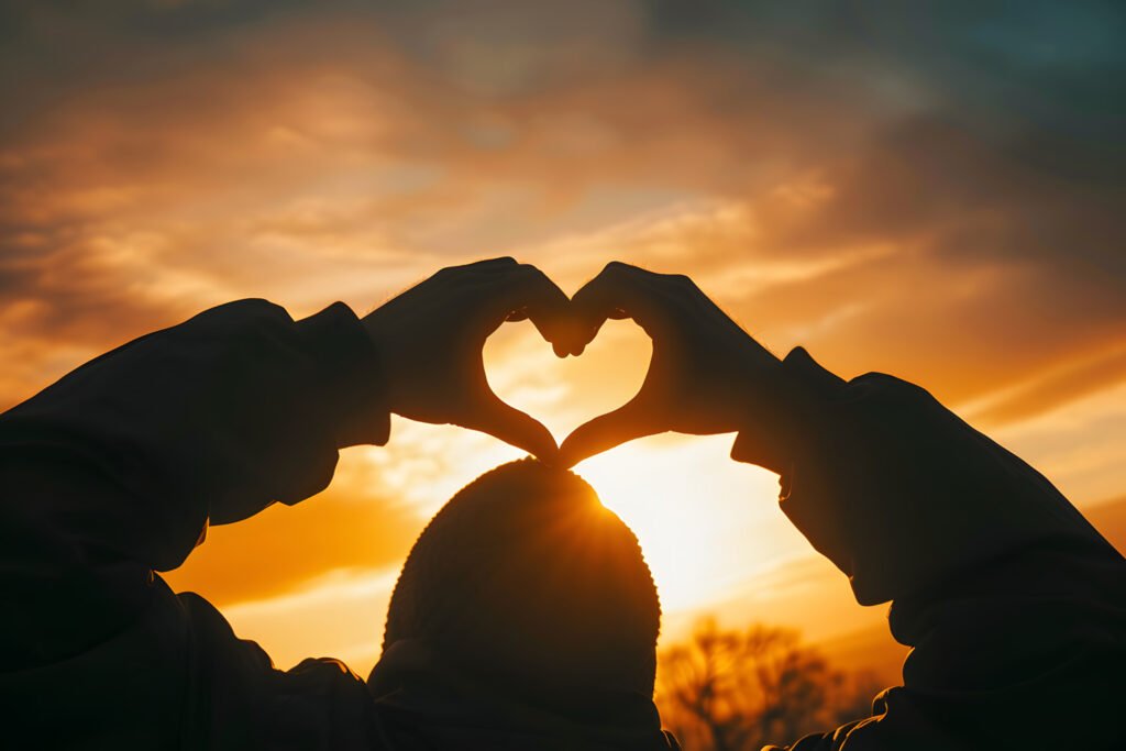 silhouetted hands forming heart shape against glowing sunset creating symbol love hope